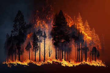 Intense flames from a massive forest fire. Flames light up the night as they rage thru pine forest. Generative AI