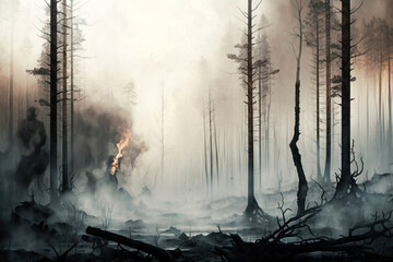 Forest fire. Fallen tree is burned to the ground a lot of smoke when vildfire. Generative AI