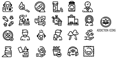 Addiction simple concept 24 icons set. Contains such Smoke Cigarette, Drink Alcohol, Take Drug and Pill Black Silhouette Icon. Addiction Forbidden Pictogram. Warning Not Narcotic. Vector illustration.