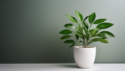 green plant in white pot against plain backdrop