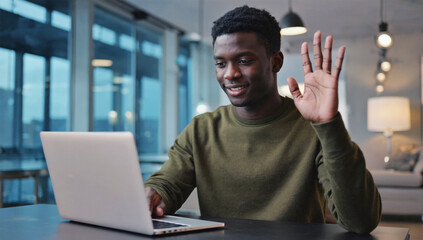 Young African American man on laptop using facetime. Multi-ethnic friends webcamming on laptop wave and smile