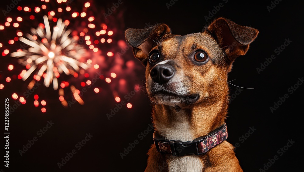 Aufkleber playful dog looking surprised and curious during a vibrant firework display in the background with c
