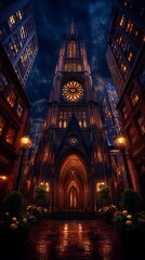 Naklejka premium Gothic Urban Vibes Majestic Gothic Cathedral in Urban Nightscape