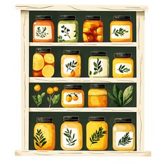 Rustic Wooden Shelf with Jars of Homemade Preserves and Herbs.