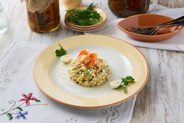 Elegant Still Life of Shrimp Olivier Salad with Rustic Decor