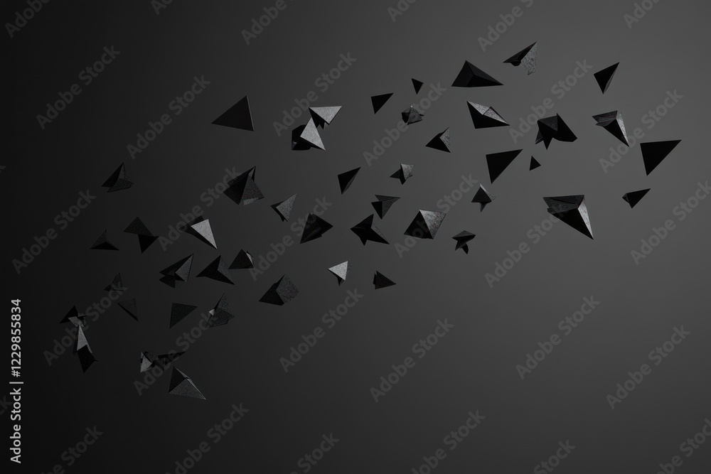 Poster abstract dark grey background with scattered 3d triangular shapes.