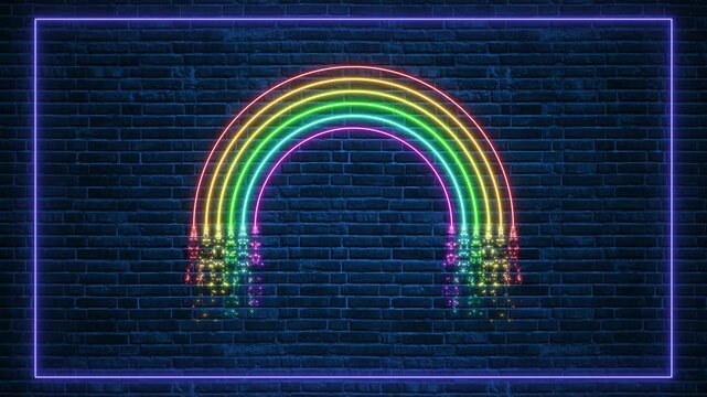 rainbow neon lights on brick wall with frame animation, fairy tales and pride month love motion background social media design element