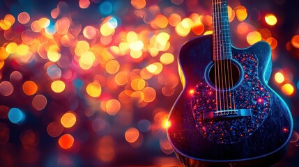Fototapeta premium Acoustic guitar with colorful bokeh lights on blurred background