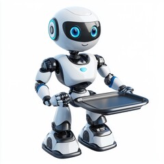Naklejka premium compact service robot with a tray in its hands, featuring sleek silver and blue accents, centered on a clean white background