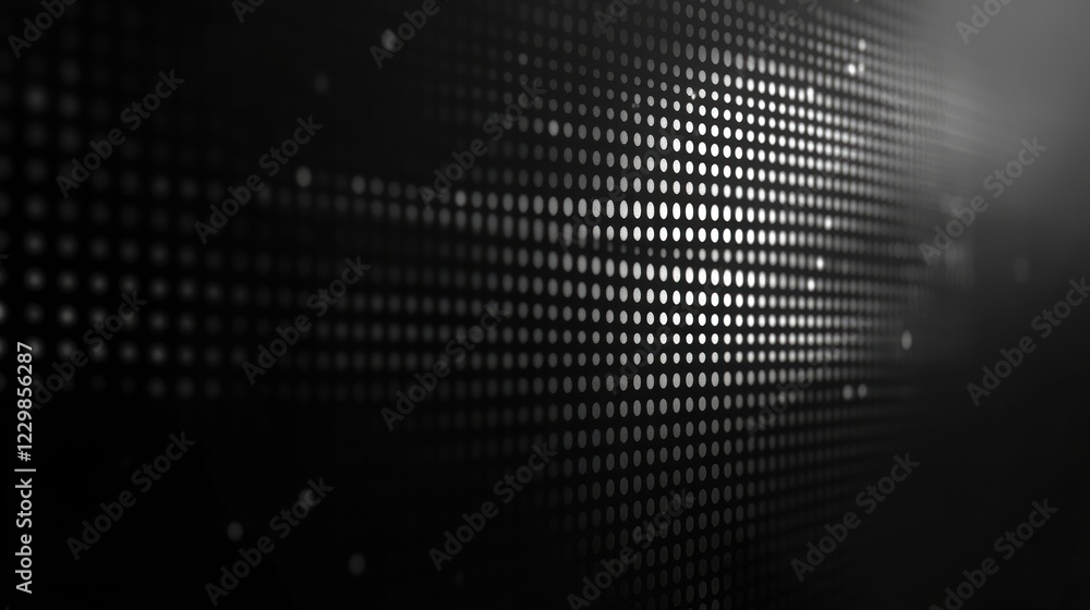 Poster abstract grayscale led screen background with glowing dots and light effects.