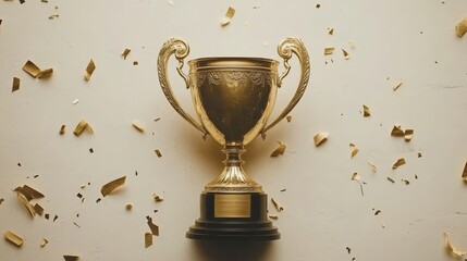 A gold trophy is sitting on a table with gold confetti around it. The trophy is shiny and golden, and the confetti adds a celebratory touch to the scene. Concept of achievement and success