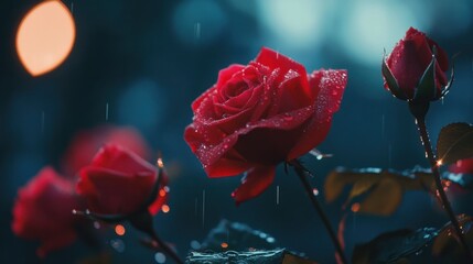 A close-up of vibrant red roses with water droplets and a romantic backdrop