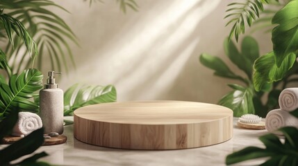 Natural Product Display with Wooden Platform and Lush Foliage