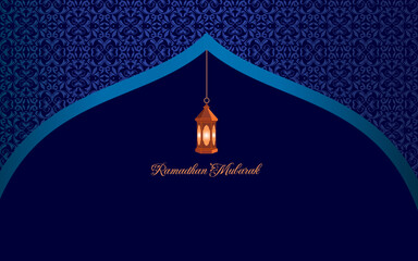 Ramadan Mubarak Greeting Card with glowing lantern.on a blue background.