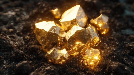 Golden Nuggets Shimmering in Dark Earth, A Treasure Trove of Sparkly Gold