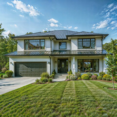 The image shows a modern two-story house with a green lawn, well-maintained landscaping, and a driveway leading to a garage. The house features large windows and a black roof.