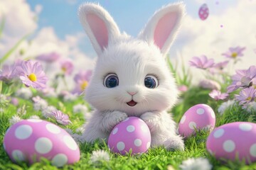 Adorable Easter Bunny Surrounded by Pink Eggs and Flowers
