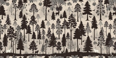 Fototapeta premium Seamless pattern featuring abstract trees and cute bears in a forest setting, nature, tree silhouettes, repetitive
