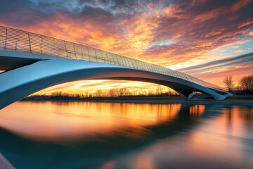 Obraz premium Stunning modern bridge with curved design elements over serene river at sunset capturing the beauty of architecture in nature's calm environment