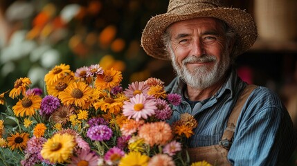 Smiling elderly man holding a vibrant bouquet of colorful flowers in a charming garden setting