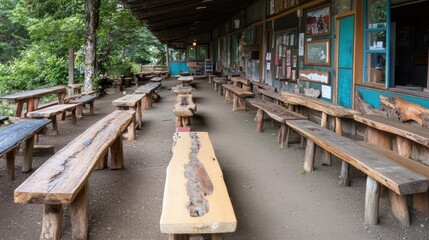 An inviting, rustic outdoor dining area with wooden benches, perfect for gatherings amidst nature's embrace.