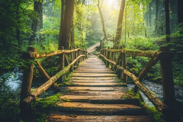 Fototapeta premium Exploring a rustic wooden bridge in a lush forest nature photography serene environment tranquil viewpoint symbol of harmony