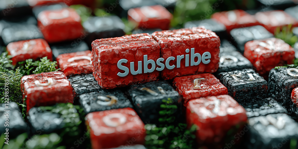 Poster textured subscribe button on moss-covered cubes in natural setting