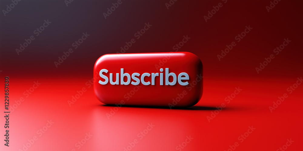 Poster glossy red subscribe button with white text on gradient background