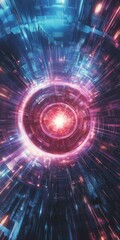 Obraz premium A colorful, glowing, and abstract image of a circle with a red center. The circle is surrounded by a blue and purple background, and it is a part of a larger, futuristic scene