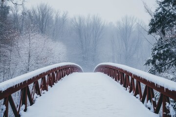 Enchanting winter landscape featuring a snow-covered bridge in a serene forest photography tranquil environment captured from a perspective of wonder