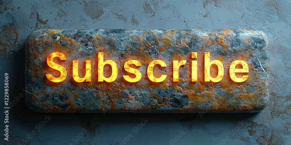 Poster glowing amber subscribe button on textured stone-like surface