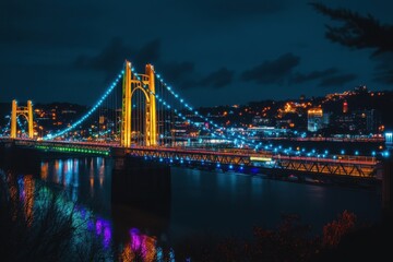 Obraz premium Illuminated suspension bridge at night pittsburgh night photography urban environment scenic view architectural beauty and cityscape highlights