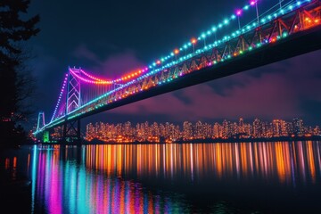 Fototapeta premium Illuminated suspension bridge at night urban cityscape photography nighttime low angle vibrant colors and reflections in water