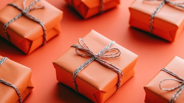 Festive Cheer Collection of Coral Mini Orange Gift Boxes Against a Vibrant Background.