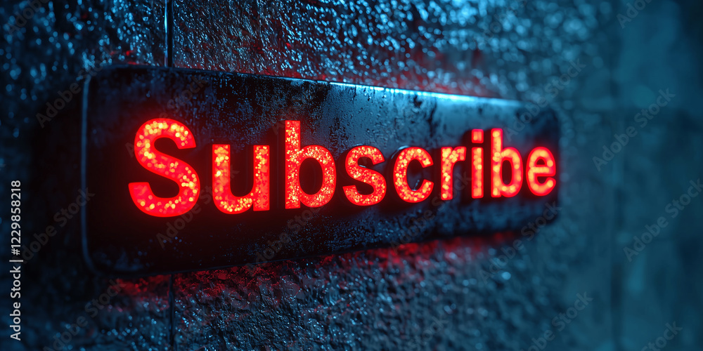 Aufkleber glowing red subscribe button on wet textured surface in dim light