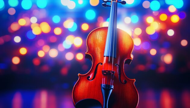 Elegant Violin Center Stage Under Concert Lights Against a Dark, Rich Purple Background - Powered by Adobe