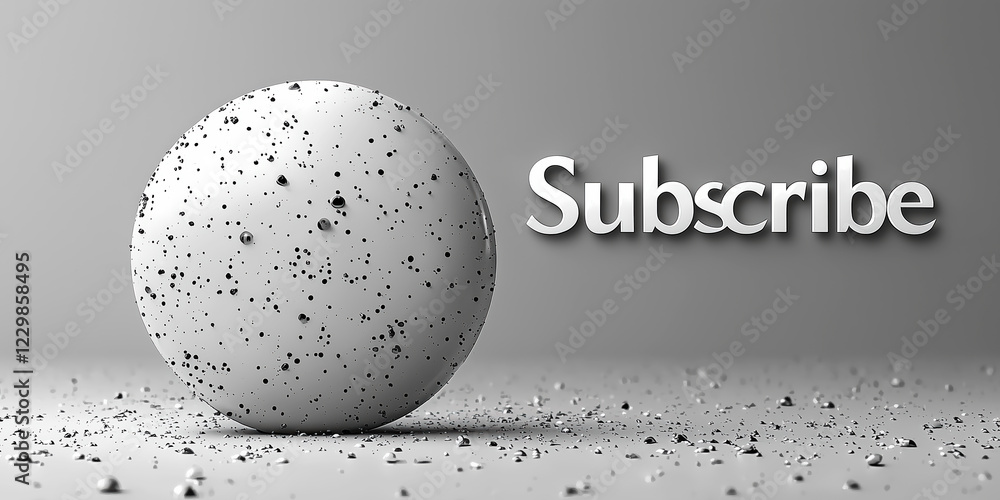 Poster minimal subscribe text with speckled white sphere on gray background