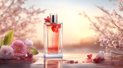 perfume bottle with elegant flowers settings, soft, romantic backdrop