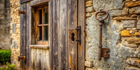 A key leans against a house wall with an old wooden door and windows in a rustic, countryside setting, rural, entrance