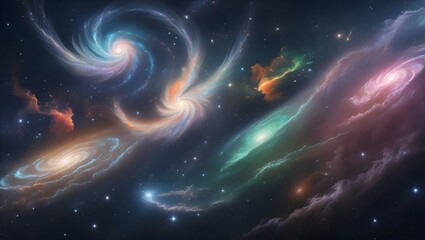 A deep-space scene with swirling galaxies, colorful nebulas, and distant stars.