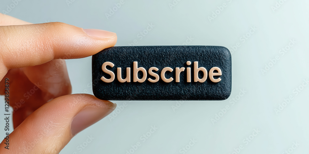 Poster hand holding textured black subscribe button with golden text
