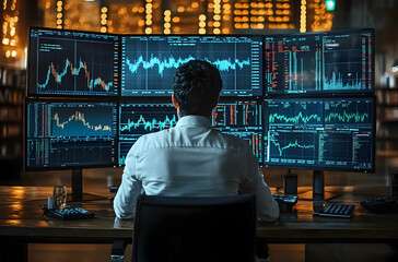 Professional trader analyzing multiple stock market charts in modern office environment