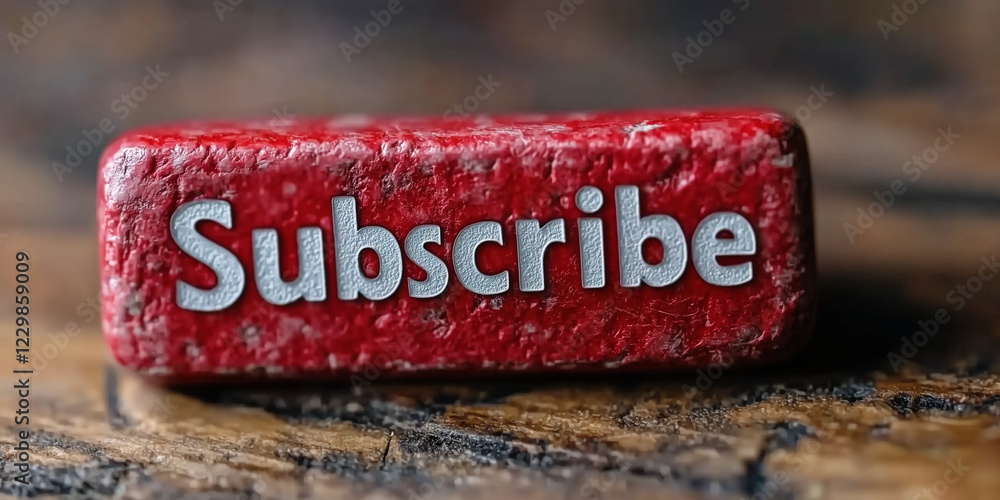 Poster red textured subscribe button on rustic wooden surface