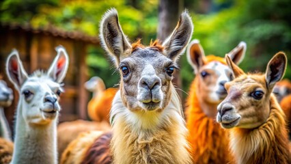 Fototapeta premium Adorable Llamas at the Zoo: A Herd of Fluffy Friends in High Definition