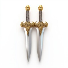 dual-wielded pair of daggers with intricate golden handles, centered on a clean white background