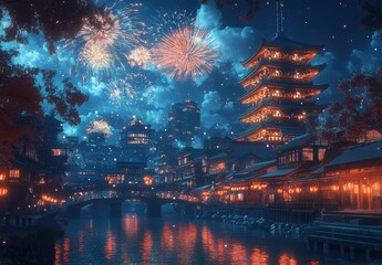 Serene Nightscape of a Traditional City with Fireworks Over Waterway and Illuminated Pagodas Amidst a Starry Sky