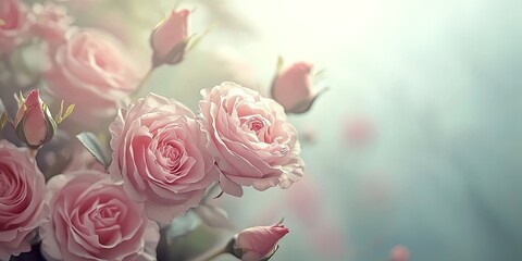 Fototapeta premium Pastel Roses and Tiny Flowers Delicate Floral Border for Wedding Invitation Design