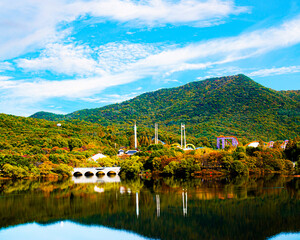 Reflection of bridge at the lake of Seoul Grand park