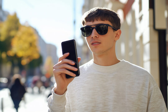 Young visually impaired man in dark glasses and white sweater using a smartphone application for blind people in the city. Mobile phone technology for vision loss persons. Low vision individuals.