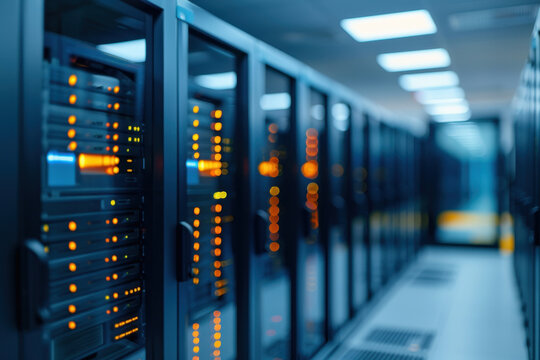 Modern data center showcasing rows of servers with illuminated controls in cool tones, representing advanced technology and efficient network infrastructure for data management. Network infrastructure